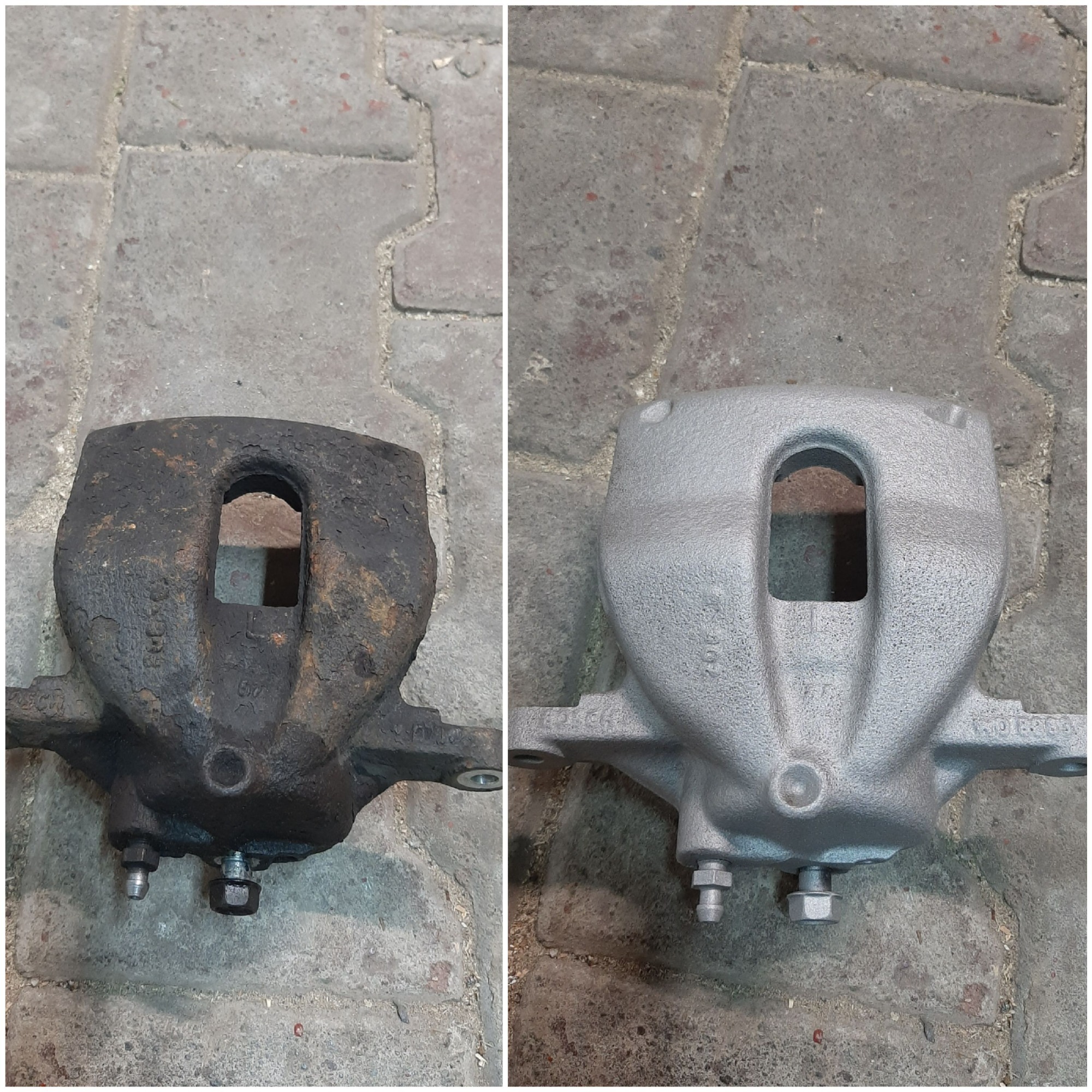 Zestawienie zacisku hamulcowego przed i po renowacji: po lewej zardzewiały i brudny, po prawej odnowiony i pomalowany na szaro, leżący na betonowej kostce.