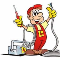 Karykatura uśmiechniętego elektryka w czerwonym kombinezonie, trzymającego kabel i śrubokręt, obok skrzynki narzędziowej z symbolem błyskawicy.