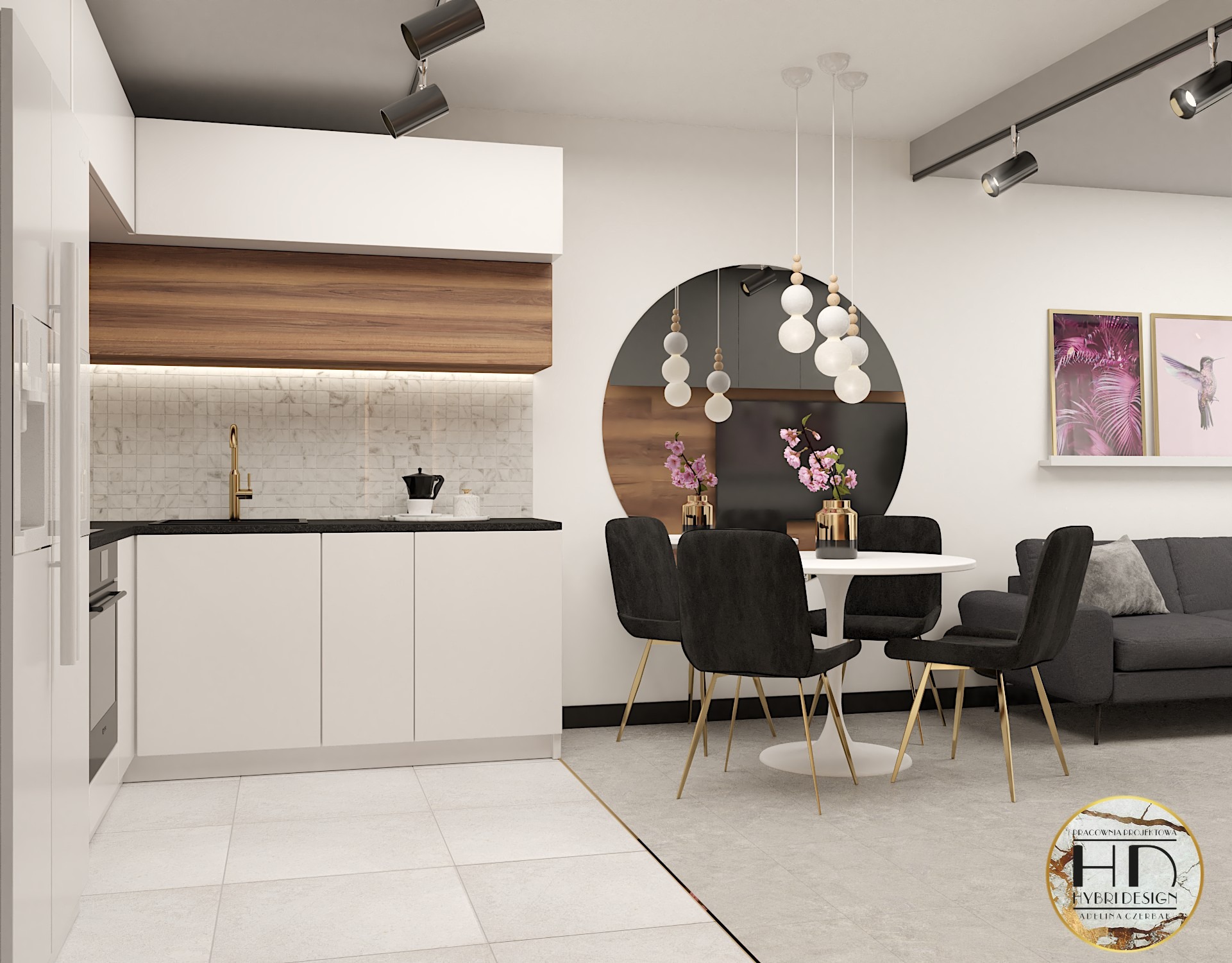 Wizualizacja wnętrza: nowoczesna kuchnia z białymi szafkami, drewnianymi akcentami i marmurową mozaiką nad blatem, połączona z jadalnią z okrągłym stołem, czarnymi krzesłami na złotych nogach...