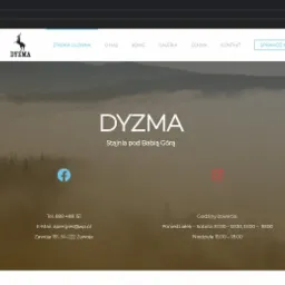 Ekran komputera wyświetlający stronę internetową stajni konnej 'Dyzma' z miejscowości Zawoja, z logo konia, menu nawigacyjnym, tłem przedstawiającym zalesione wzgórza we mgle, ikonami Facebooka...