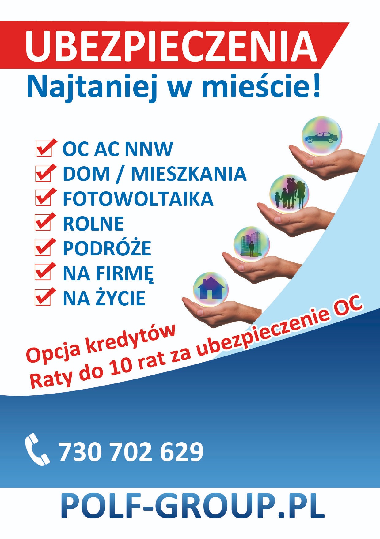 Plakat reklamowy z ofertą ubezpieczeń: OC, AC, NNW, domów, mieszkań, fotowoltaiki, rolnych, podróży, firm i na życie, z opcją kredytowania i rat, numerem telefonu i adresem strony internetowej.