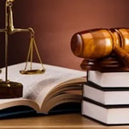 Złota waga sprawiedliwości na otwartej książce, drewniany młotek sędziowski na trzech tomach, ciemne tło.