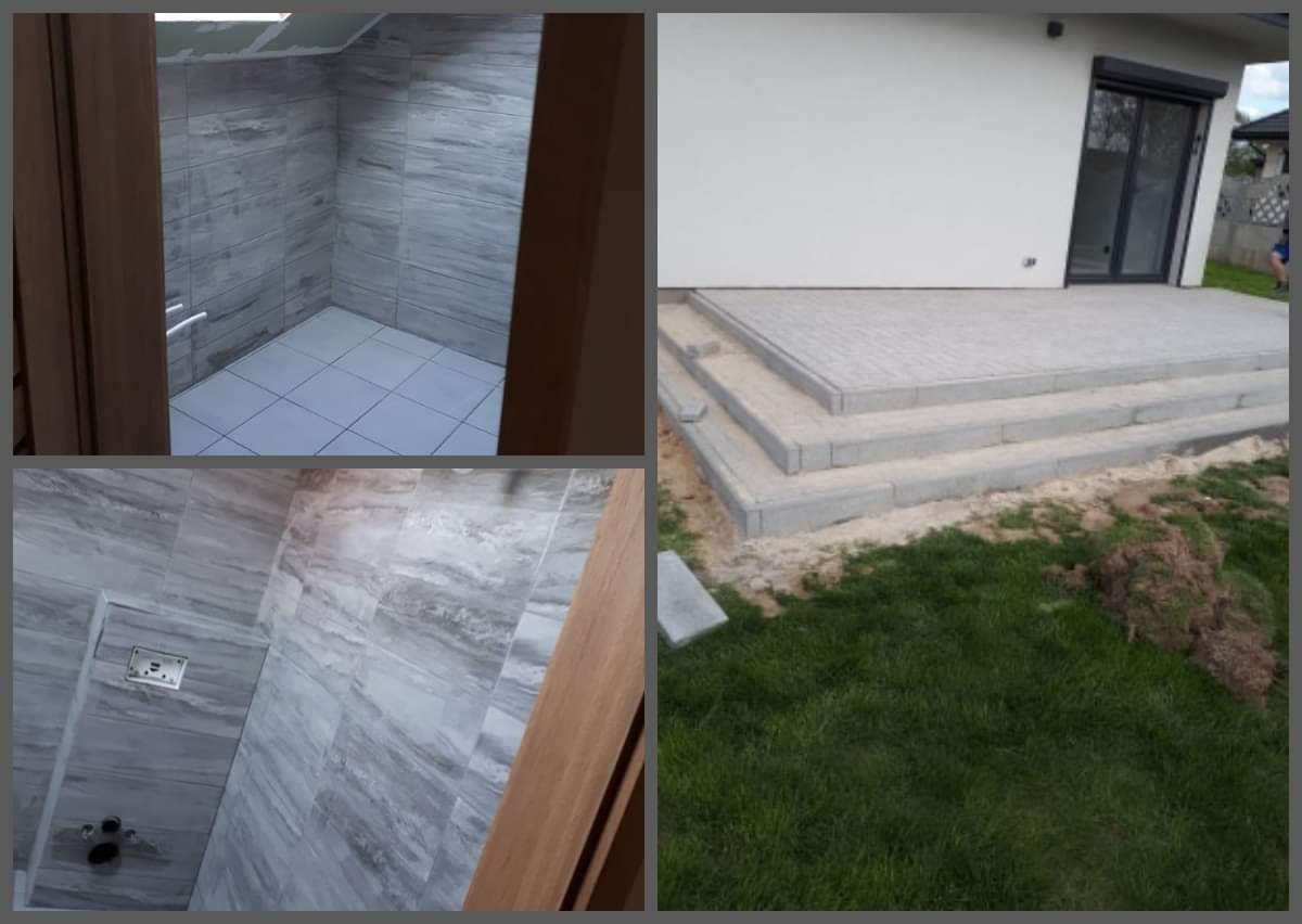 Kolaż: Częściowo wykończona łazienka z szarymi płytkami imitującymi marmur i białą podłogą, widok zza drewnianej futryny, oraz taras z szarej kostki brukowej i schodami, przylegający do białego...