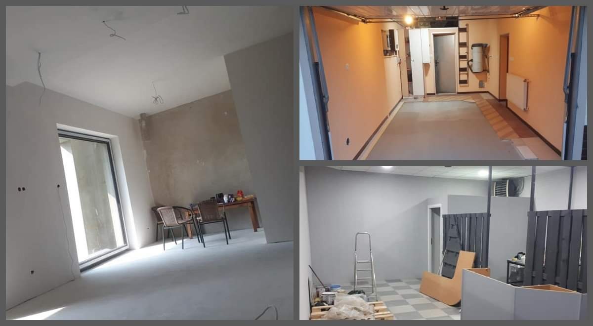 Kompozycja trzech zdjęć: pokój ze ścianą w trakcie prac wykończeniowych z widocznym oknem i meblami, korytarz z pomalowanymi ścianami i grzejnikiem oraz pomieszczenie z pomalowanymi ścianami...