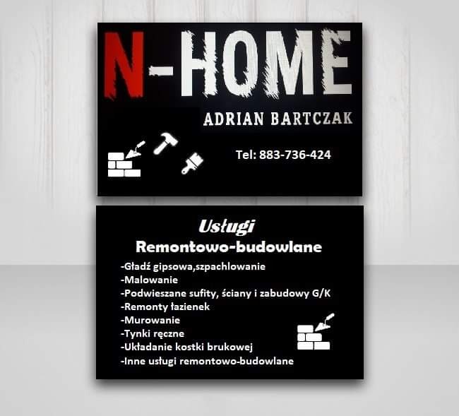 Wizytówka firmy N-Home Adrian Bartczak oferującej usługi remontowo-budowlane, w tym gładzie, malowanie, podwieszane sufity, remonty łazienek, murowanie, tynki ręczne oraz układanie kostki brukowej.