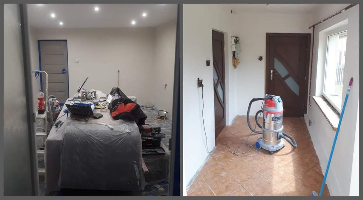 Dwa wnętrza w trakcie remontu: po lewej pokój z meblami przykrytymi folią, drabina z butelką Coca-Coli i narzędzia malarskie; po prawej korytarz z odkurzaczem przemysłowym i świeżo pomalowanymi...