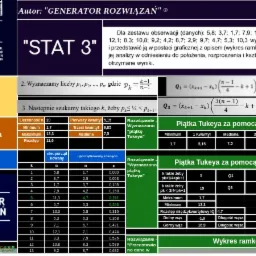 Zrzut ekranu z programu do analizy statystycznej, prezentujący wzory, obliczenia i tabele związane z wyznaczaniem piątki Tukeya, w tym kwantyle, medianę, minimum, maksimum oraz wykres ramkowy.