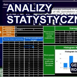 Zrzut ekranu z programu do analizy statystycznej, prezentujący tabele danych, obliczenia i histogram ilościowy, z logo Generator Rozwiązań.