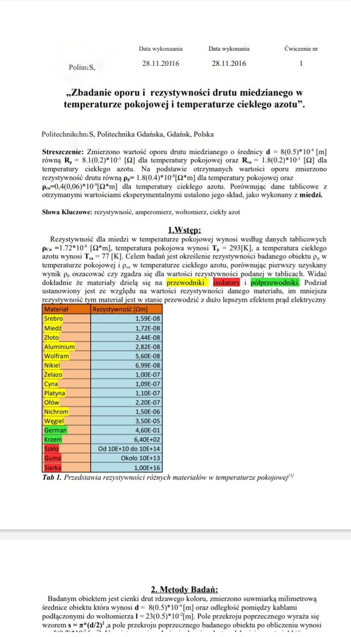 Skan dokumentu naukowego z Politechniki Gdańskiej, zatytułowanego 'Zbadanie oporu i rezystywności drutu miedzianego w temperaturze pokojowej i temperaturze ciekłego azotu', zawierającego...