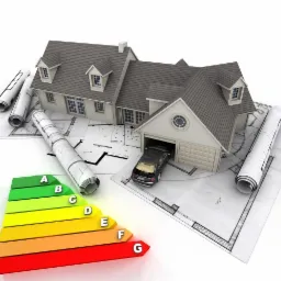 Wizualizacja projektu domu jednorodzinnego z garażem, planami architektonicznymi w rolkach, samochodem w garażu i wykresem efektywności energetycznej.