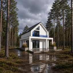 Okoński- Projekty i Budowa - Nowoczesny biały dom z czarnym dachem i niebieską szklaną balustradą balkonu, otoczony wysokimi sosnami. Mokra ziemia odbija fasadę i pochmurne niebo.