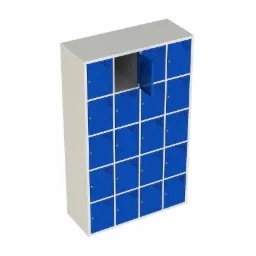 Wysoka szafa skrytkowa z 20 niebieskimi drzwiczkami, jedna z nich otwarta, widok z góry.