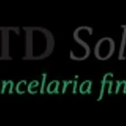 Logo firmy LTD Solutions, z geometrycznym symbolem w odcieniach niebieskiego i zielonego oraz szarym napisem 'LTD Solutions' i zielonym 'Kancelaria finansowa' na czarnym tle.