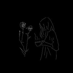 Elene Kajaia - Minimalistyczny, biały rysunek liniowy na czarnym tle przedstawiający kobietę trzymającą filiżankę z parującym napojem oraz dwie stylizowane róże.