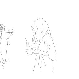 Elene Kajaia - Minimalistyczny szkic przedstawiający kobietę z filiżanką parującej kawy i kwiatami w wazonie na białym tle.