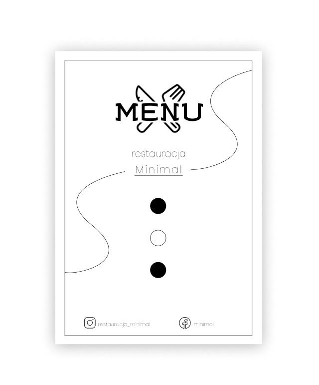 Minimalistyczny projekt menu restauracji 'Minimal' z ikoną sztućców, trzema okręgami i odnośnikami do mediów społecznościowych.