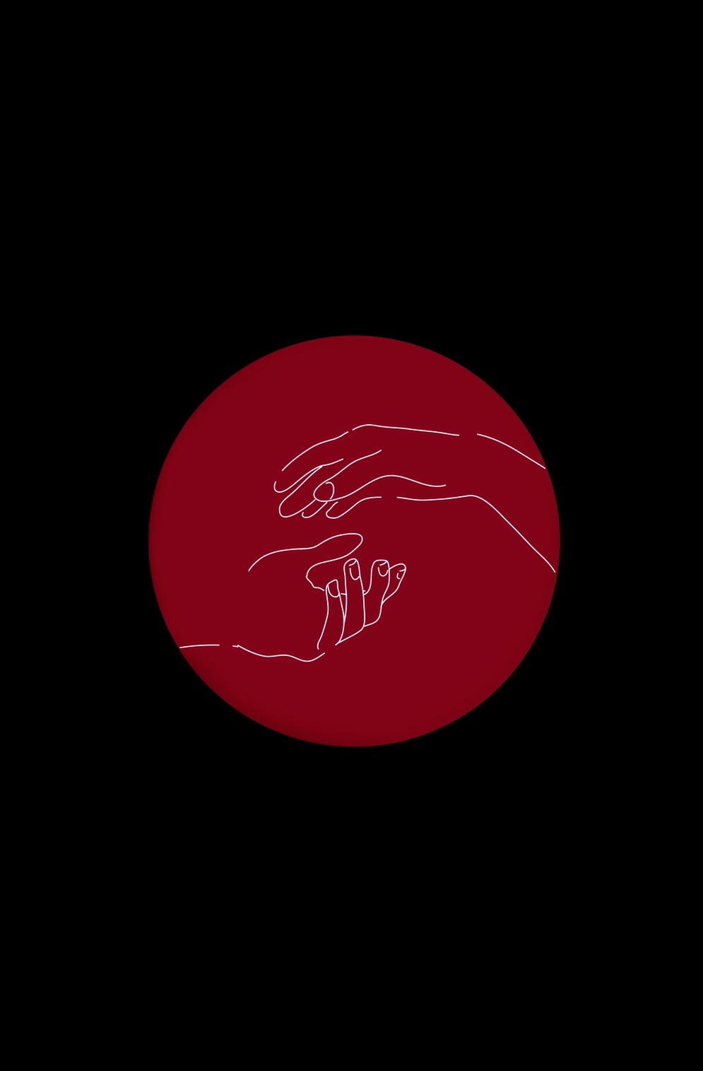 Dwie dłonie narysowane białą linią na bordowym okręgu, umieszczonym na czarnym tle.
