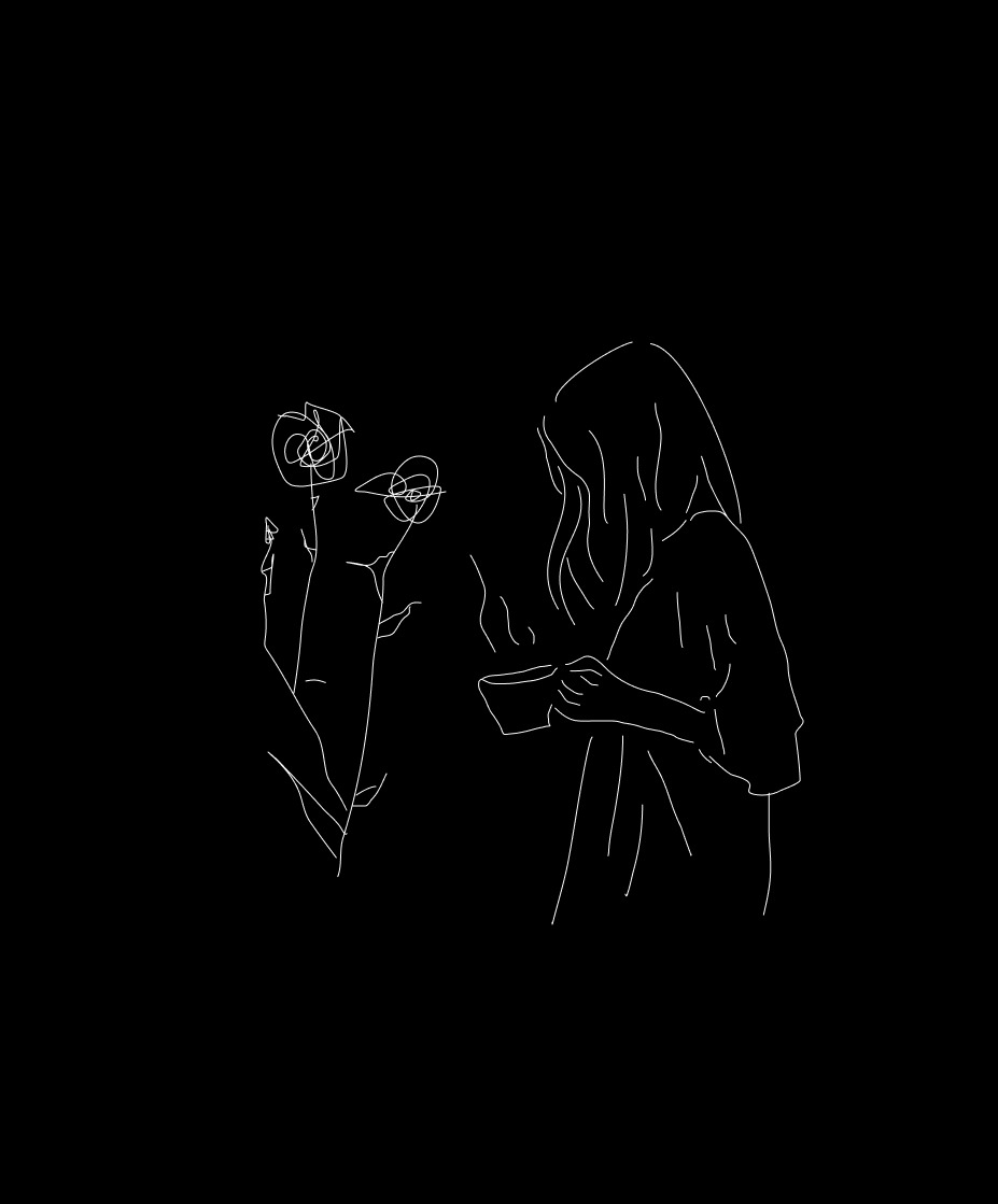 Minimalistyczny, biały rysunek liniowy na czarnym tle przedstawiający kobietę trzymającą filiżankę z parującym napojem oraz dwie stylizowane róże.
