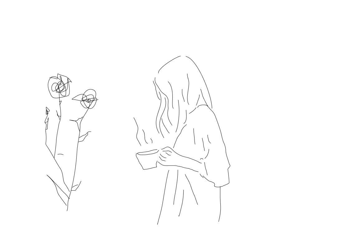 Minimalistyczny szkic przedstawiający kobietę z filiżanką parującej kawy i kwiatami w wazonie na białym tle.