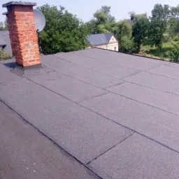 Szary dach pokryty papą termozgrzewalną, widoczny komin z czerwonej cegły z anteną satelitarną, w tle zabudowania i drzewa.