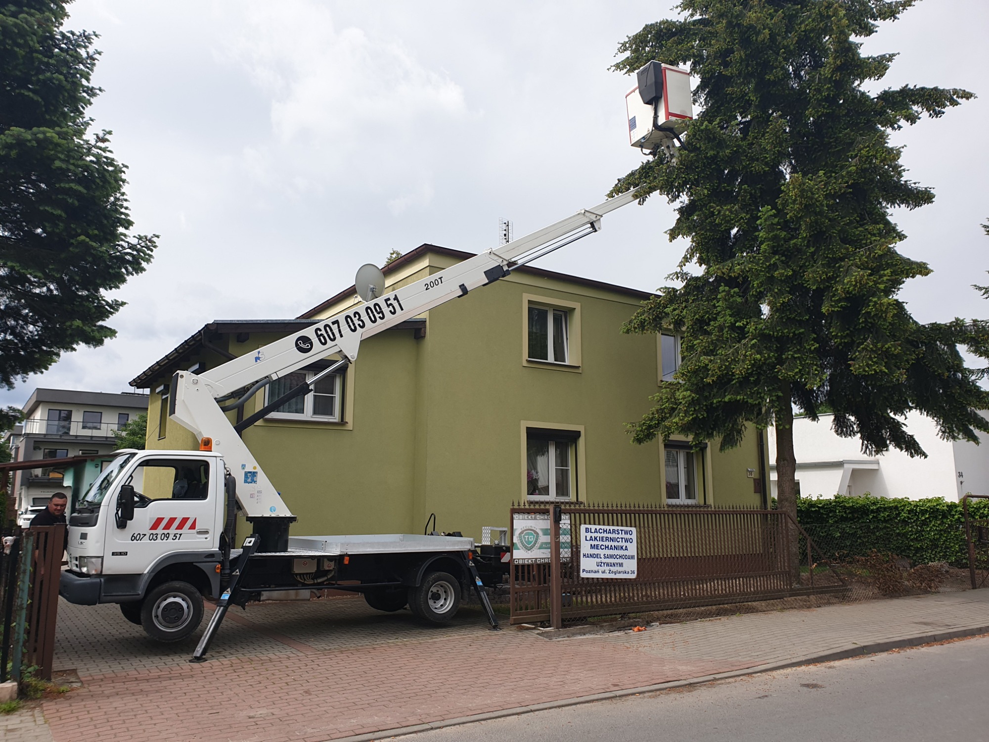 Biały pojazd z wysięgnikiem koszowym podnosi platformę roboczą w pobliżu korony dużego drzewa, na tle zielonego budynku mieszkalnego.