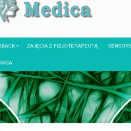 Strona internetowa firmy Trening Medica z menu nawigacyjnym w kolorze turkusowym i logo firmy w lewym górnym rogu.