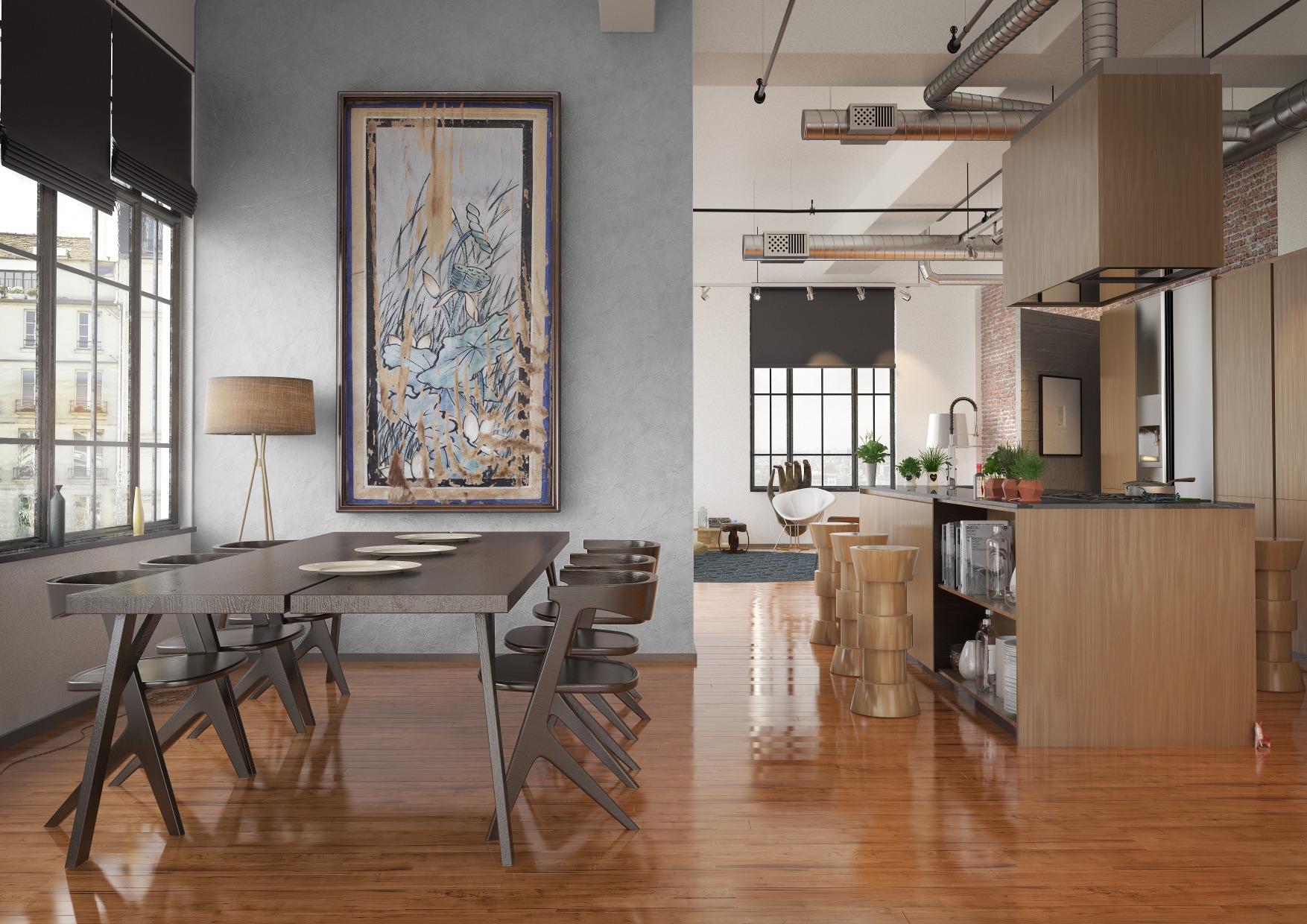 Wnętrze loftu z efektem betonu na ścianie: widoczna jadalnia z ciemnym stołem i krzesłami, obraz w ramie na ścianie z szarą fakturą betonu, otwarta kuchnia z drewnianymi szafkami i hokerami...