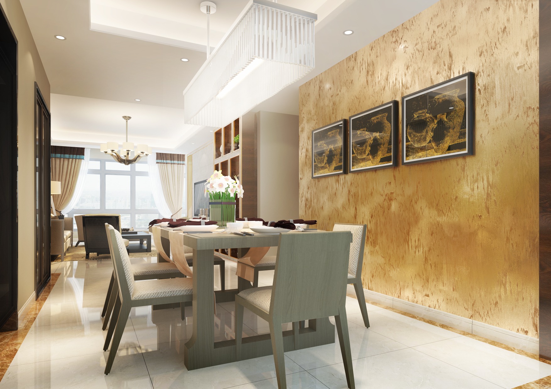 Elegancka jadalnia z dekoracyjną ścianą w odcieniach złota, ozdobioną trzema obrazami w czarnych ramkach, oświetlona nowoczesną, podłużną lampą wiszącą, z ustawionym stołem i krzesłami.