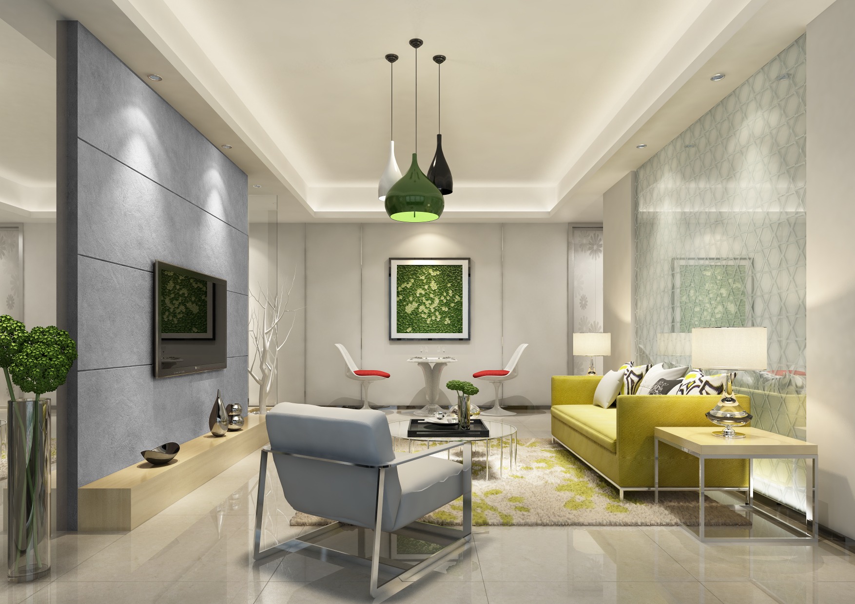 Nowoczesny salon z szarą ścianą o efekcie betonu, żółtą sofą i designerskimi lampami wiszącymi.