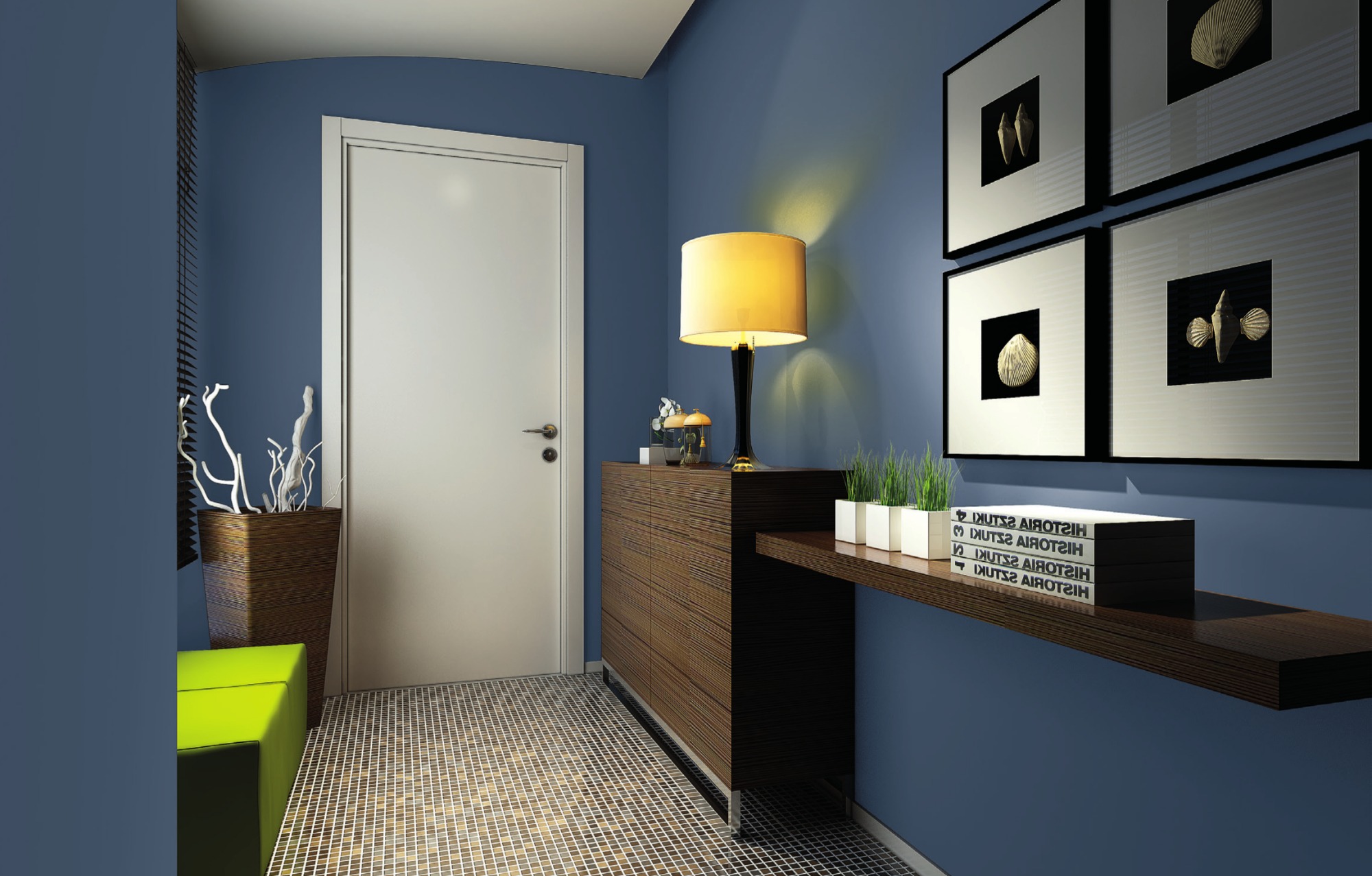 Nowoczesny przedpokój w odcieniach niebieskiego z mozaikową podłogą, białymi drzwiami, drewnianą komodą z lampką, półką z książkami i dekoracjami ściennymi.