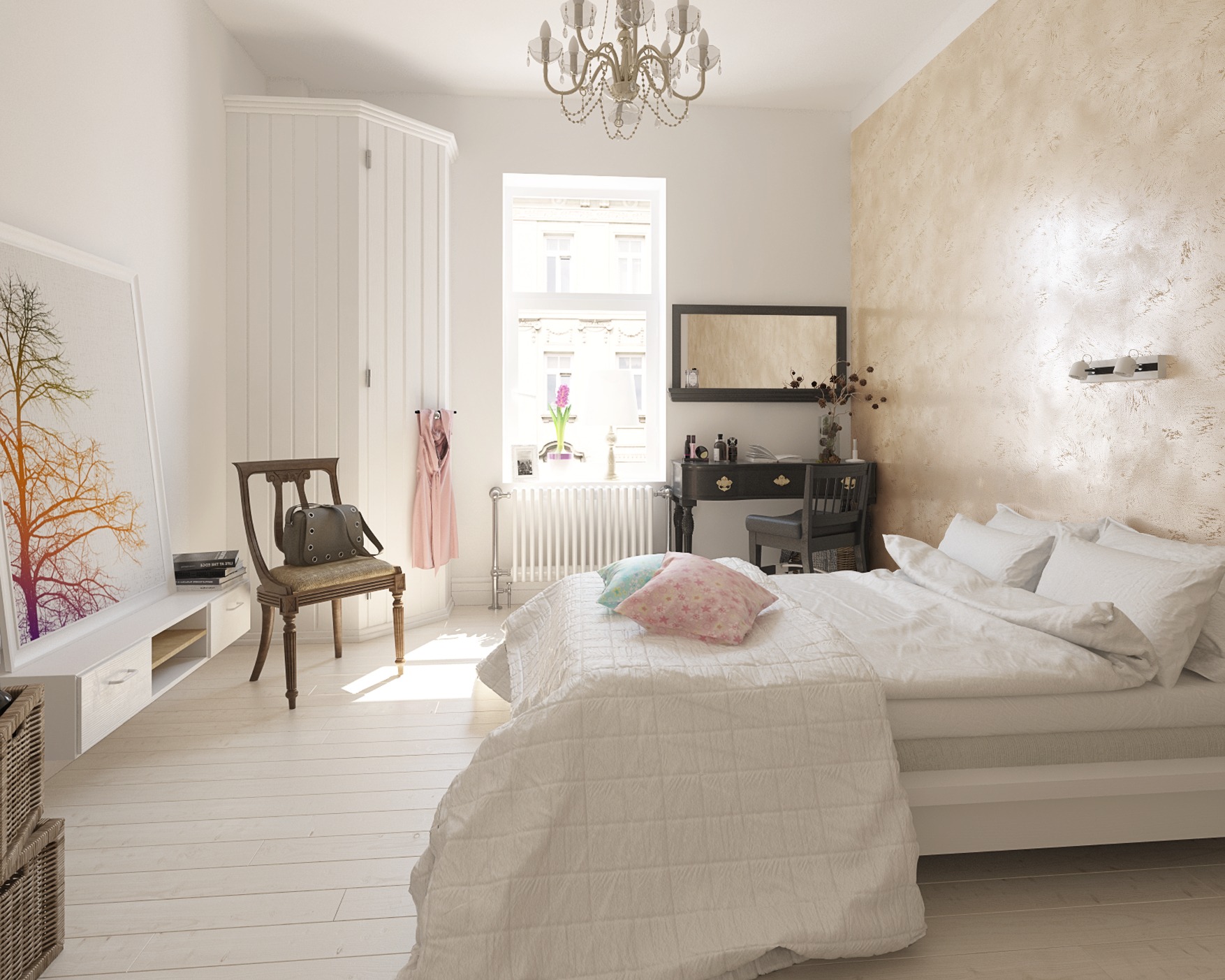 Jasne wnętrze sypialni z łóżkiem, toaletką i dekoracyjną ścianą z efektem rosy, oświetlone światłem dziennym wpadającym przez okno.