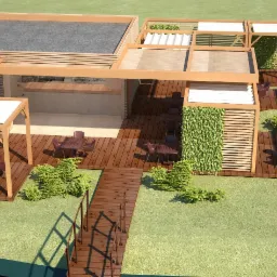 Wizualizacja 3D zewnętrznego baru z drewnianym pomostem, pergolami z zielonymi ścianami i białymi zadaszeniami, otoczonego trawnikiem.