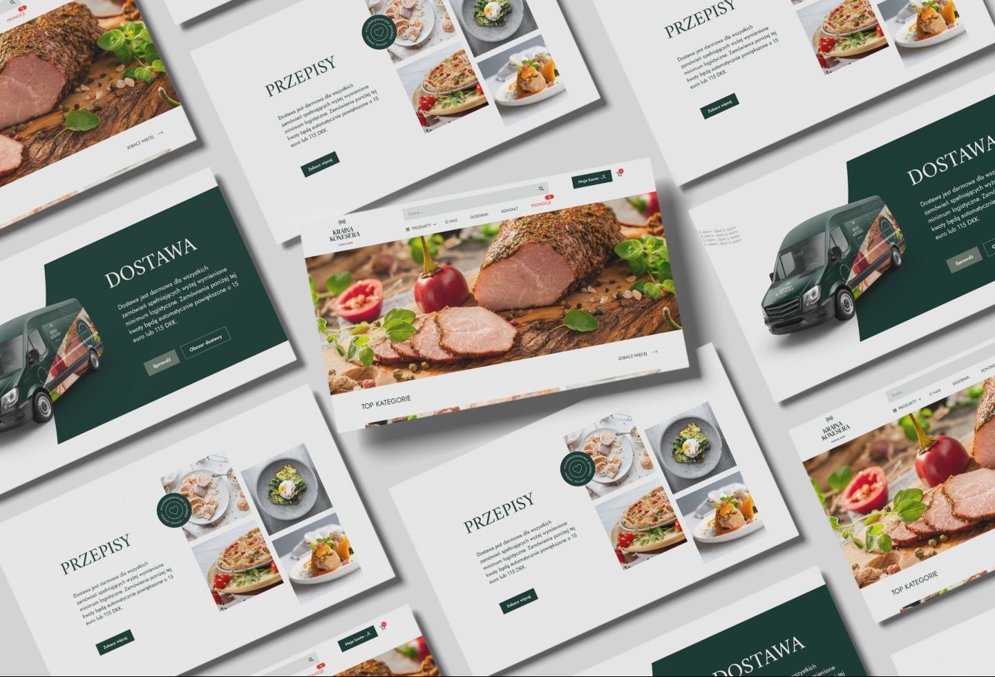 Układ stron internetowych z motywem kulinarnym, prezentujący różne wersje strony głównej z elementami menu, przepisów i dostawy, z akcentem na produkty mięsne i logo firmy spożywczej.