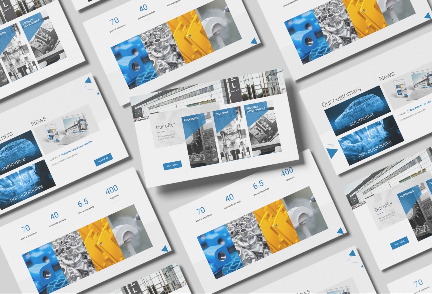 Kompozycja z nałożonych na siebie zrzutów ekranu strony internetowej firmy produkcyjnej, prezentująca ofertę, procesy, narzędzia i rozwój produktu, z uwzględnieniem klientów z branży automotive...