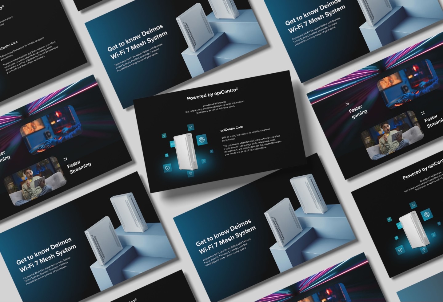 Układ prezentujący system Wi-Fi 7 Mesh Deimos na czarnym tle z elementami wizualizacji szybkiego gamingu i streamingu, podkreślający zalety oprogramowania epiCentro Core.