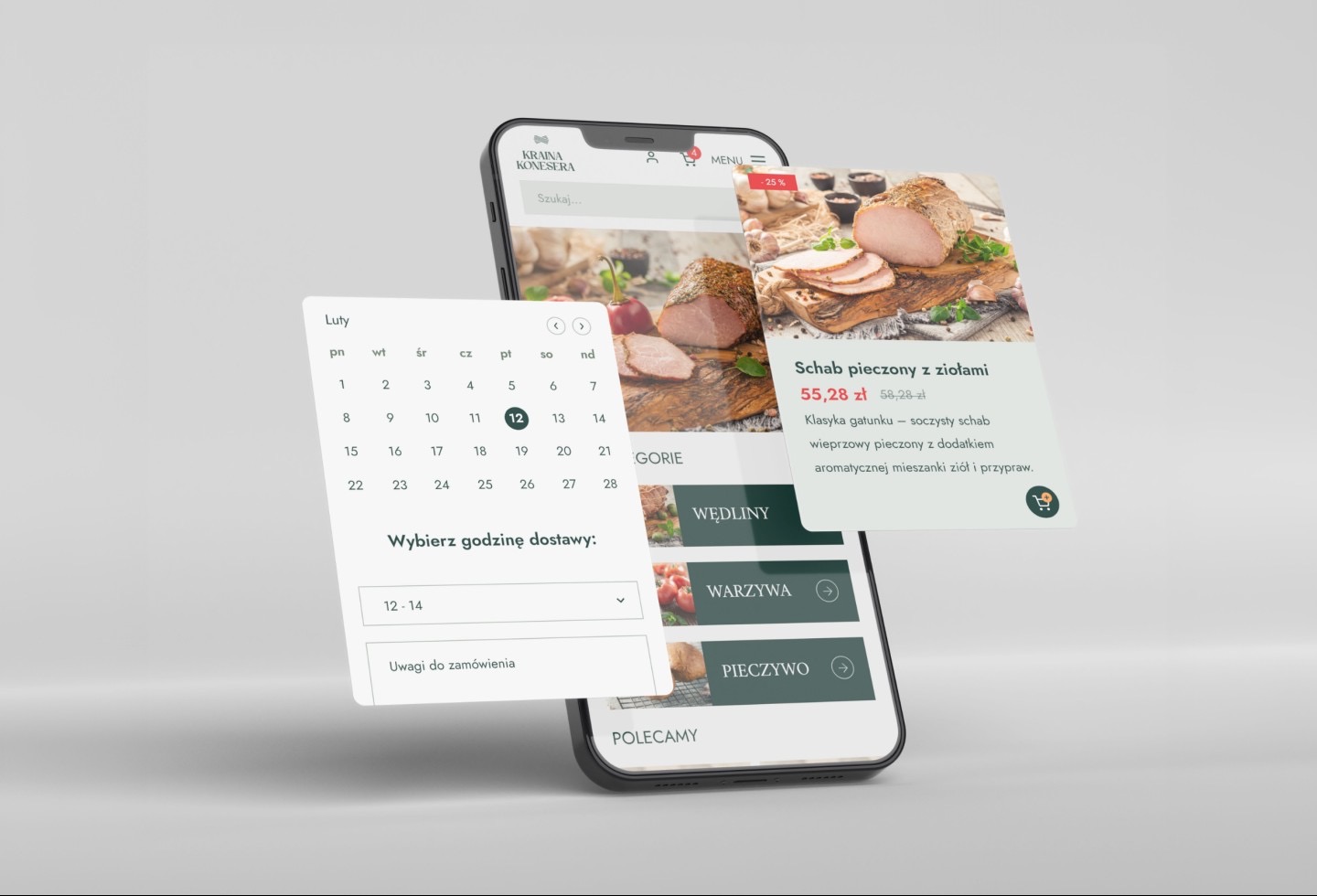 Ekran smartfona prezentujący interfejs aplikacji do zamawiania jedzenia z kalendarzem wyboru daty i godzin dostawy, oraz kartą produktu - schab pieczony z ziołami.