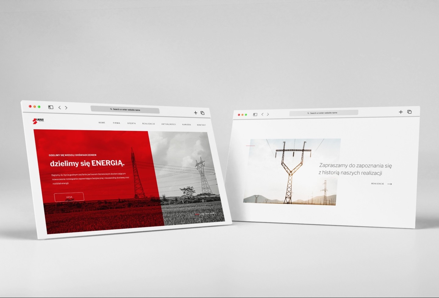 Dwa ekrany laptopów prezentują strony internetowe firmy z energetyki; na pierwszym ekranie strona główna z hasłem 'dzielimy się ENERGIĄ' i zdjęciem linii wysokiego napięcia, na drugim ekranie...