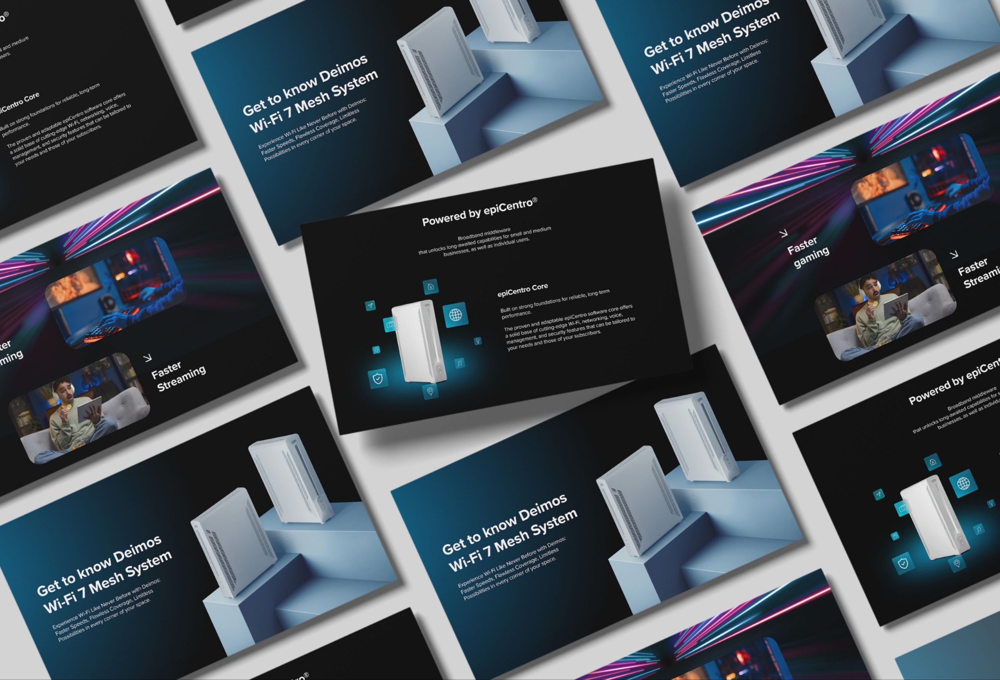Układ kart z reklamą systemu Wi-Fi 7 Mesh Deimos, prezentujący białe routery na jasnoniebieskich platformach, obok kart z hasłami o szybkim streamingu i grach, oraz informacjami o oprogramowaniu...