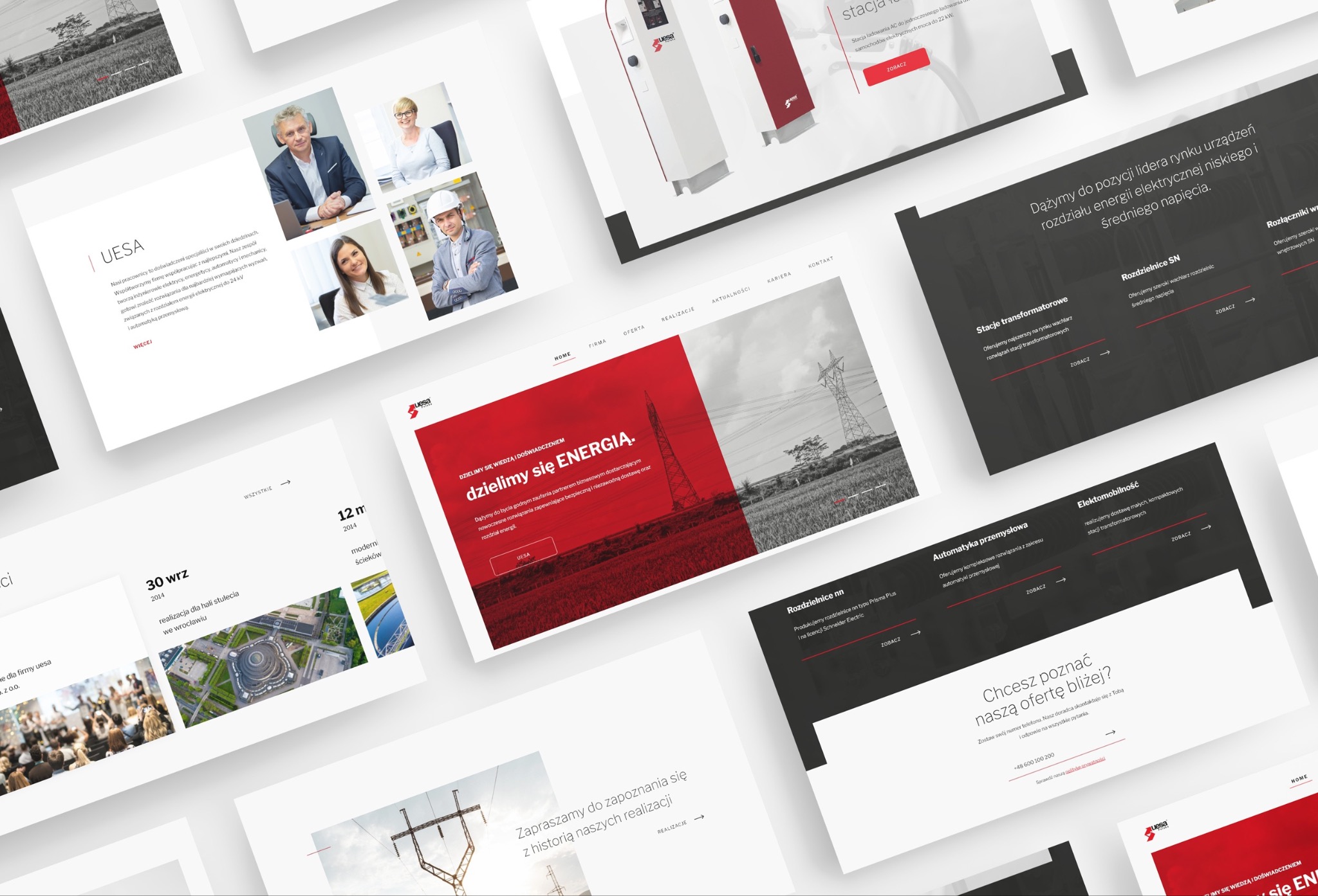 Prezentacja strony internetowej firmy z branży energetycznej, z widocznymi sekcjami dotyczącymi oferty, realizacji i kontaktu. Układ graficzny nowoczesny, z przewagą bieli i czerwieni, prezentujący...