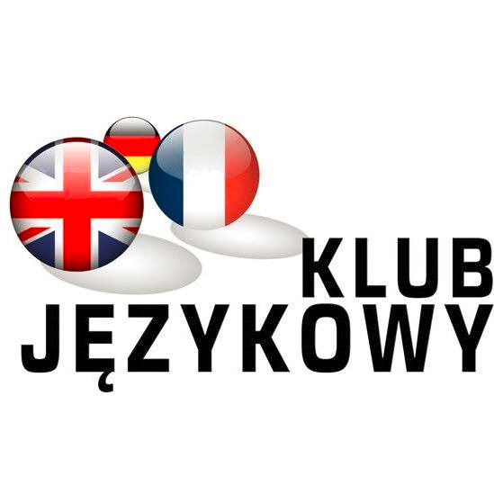 Logo Klubu Językowego z flagami Wielkiej Brytanii, Niemiec i Francji w formie kulistych ikon.