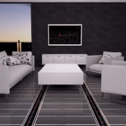 Salon z widocznym systemem ogrzewania podłogowego, maty grzewcze ułożone pod meblami, widok na taras i zachód słońca za oknem.