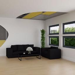 KAMEL Mariusz Kamela - Wizualizacja salonu z fragmentami odsłoniętej instalacji ogrzewania podłogowego i sufitu podwieszanego, ukazująca warstwy izolacyjne i rury grzewcze.