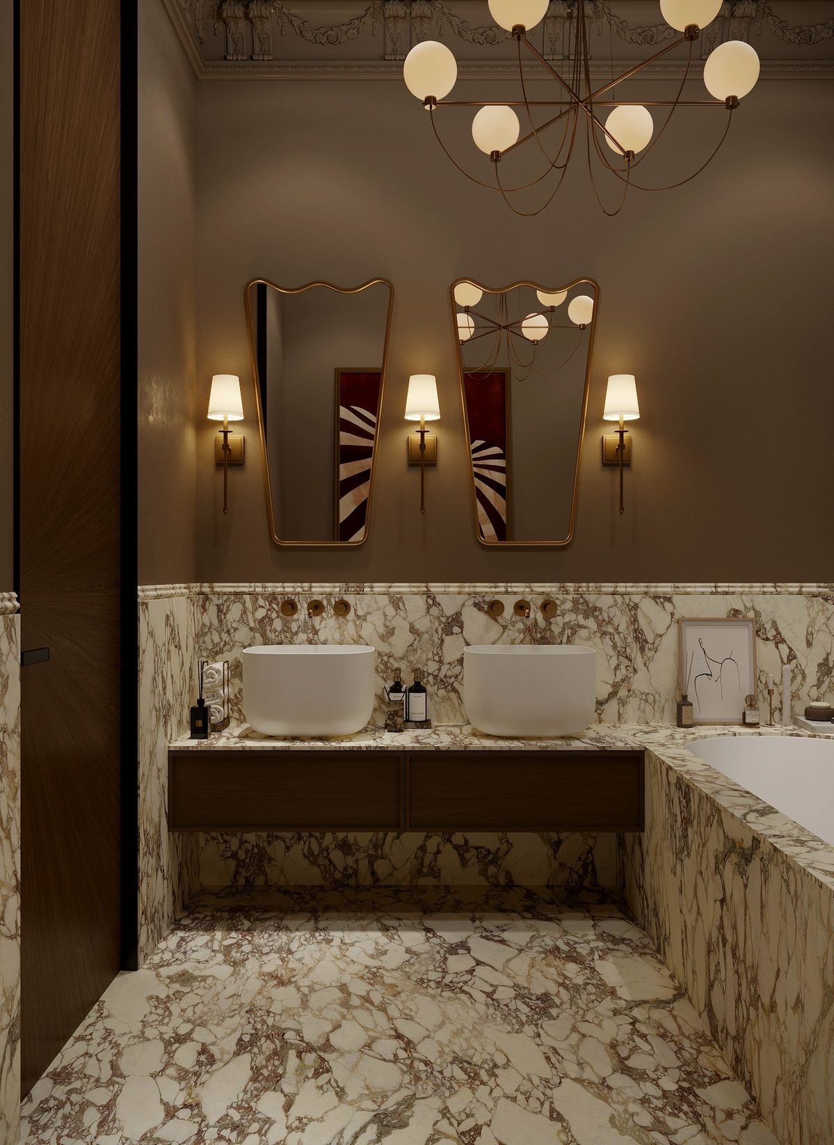 Luksusowa łazienka z marmurowymi ścianami i podłogą, podwójną umywalką nablatową, złotymi lustrami i nowoczesnym oświetleniem. Elegancki design wnętrza.