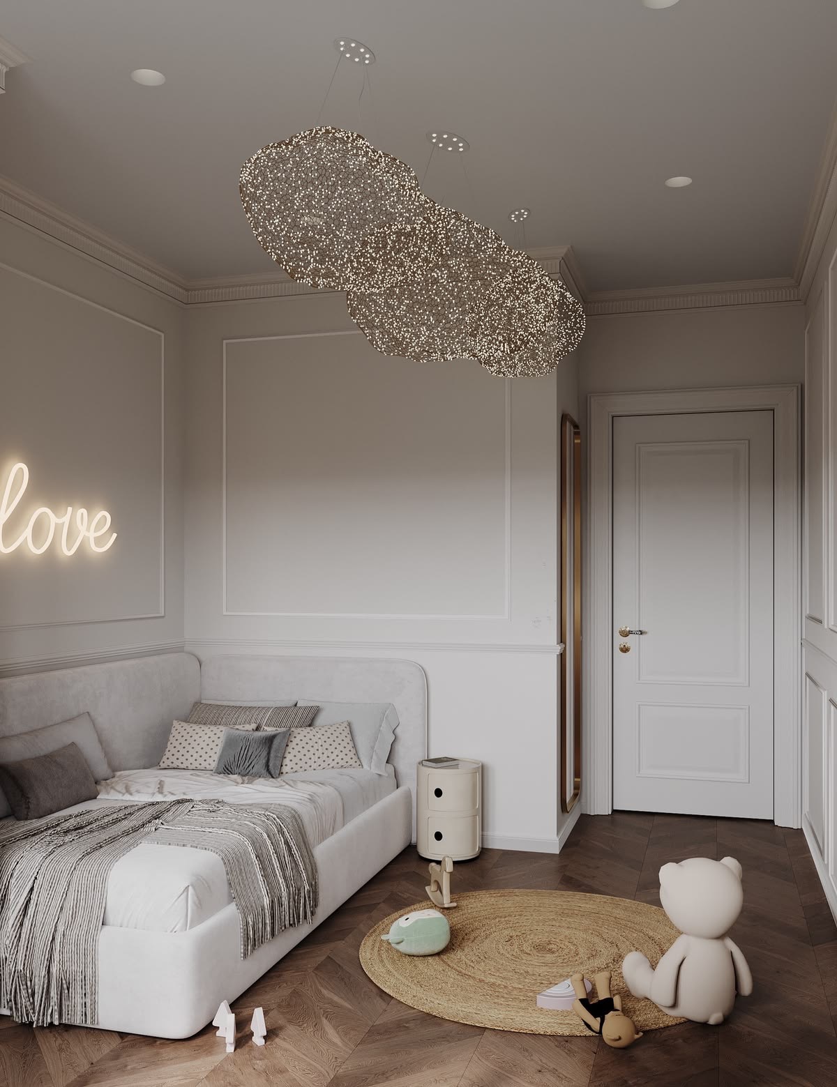Jasny pokój dziecięcy z łóżkiem, okrągłym dywanem i lampą w kształcie chmury. Na ścianie neon 'love'. Minimalistyczny design, drewniana podłoga w jodełkę.