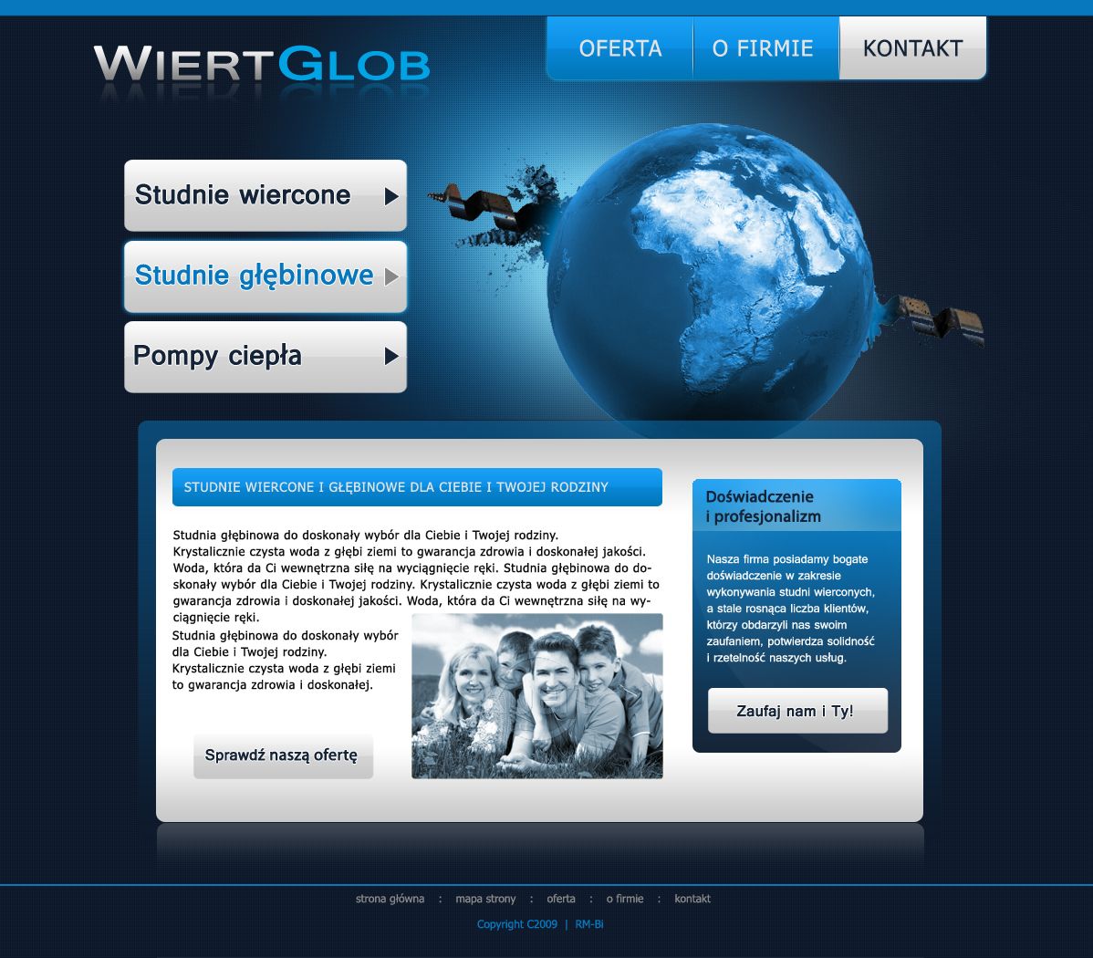 Strona internetowa firmy Wiertglob z ofertą studni wierconych i głębinowych, prezentująca logo firmy z motywem kuli ziemskiej i hasłem 'Studnie wiercone i głębinowe dla Ciebie i Twojej rodziny'