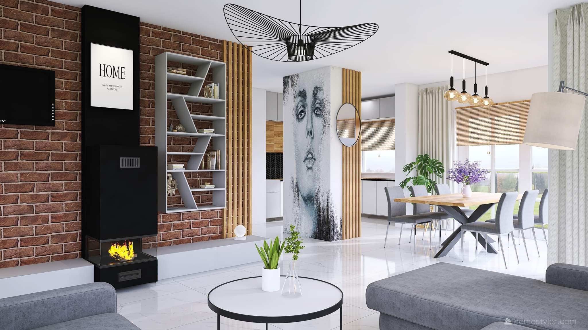 Wizualizacja salonu z ceglaną ścianą, nowoczesnym kominkiem, białym regałem i okrągłym stolikiem kawowym na tle marmurowej podłogi, oświetlonego designerską lampą i z portretem na ścianie.