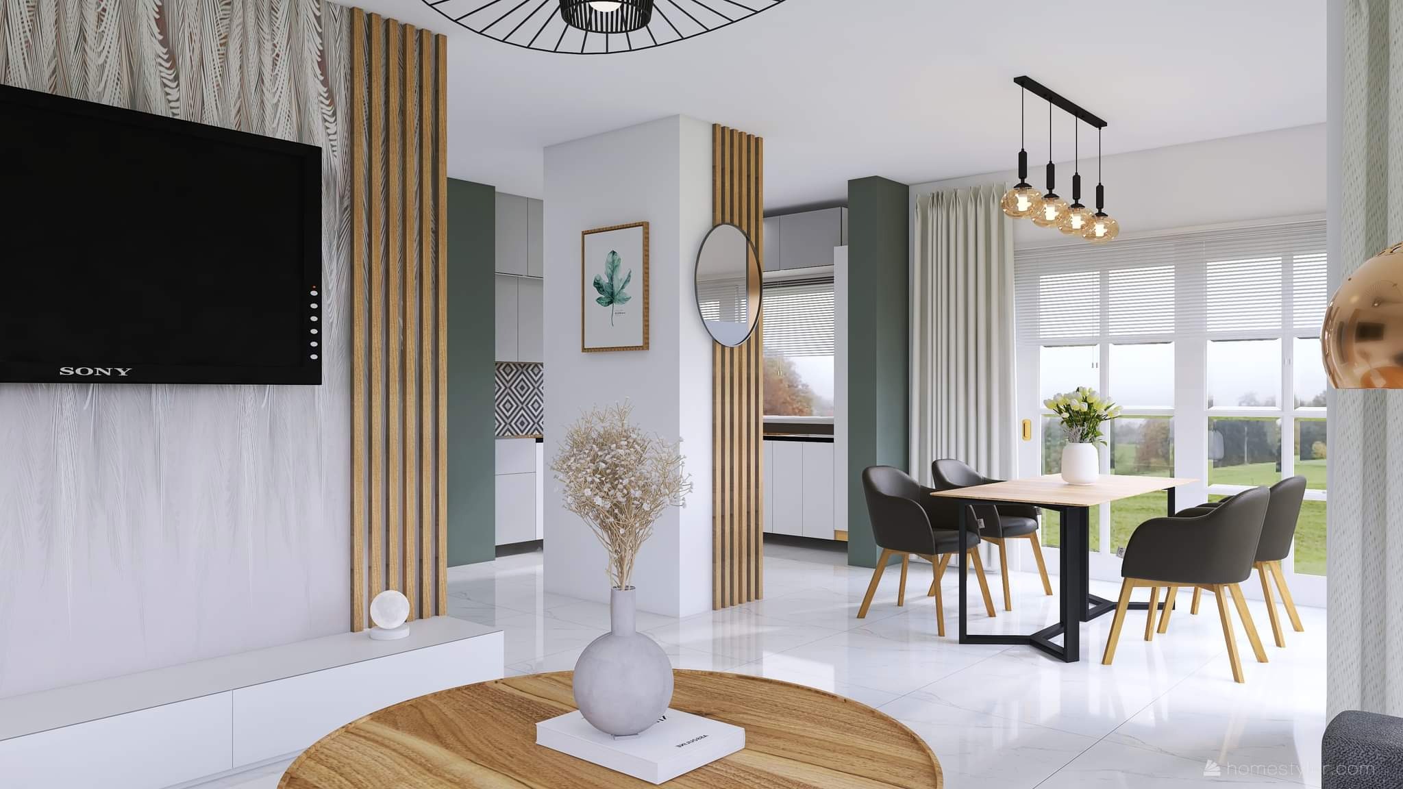 Nowoczesne wnętrze z drewnianymi akcentami: telewizor na ścianie z tapetą w piórka, okrągły stolik kawowy z książką, jadalnia z czarnymi krzesłami i lampą wiszącą oraz widok na kuchnię przez...