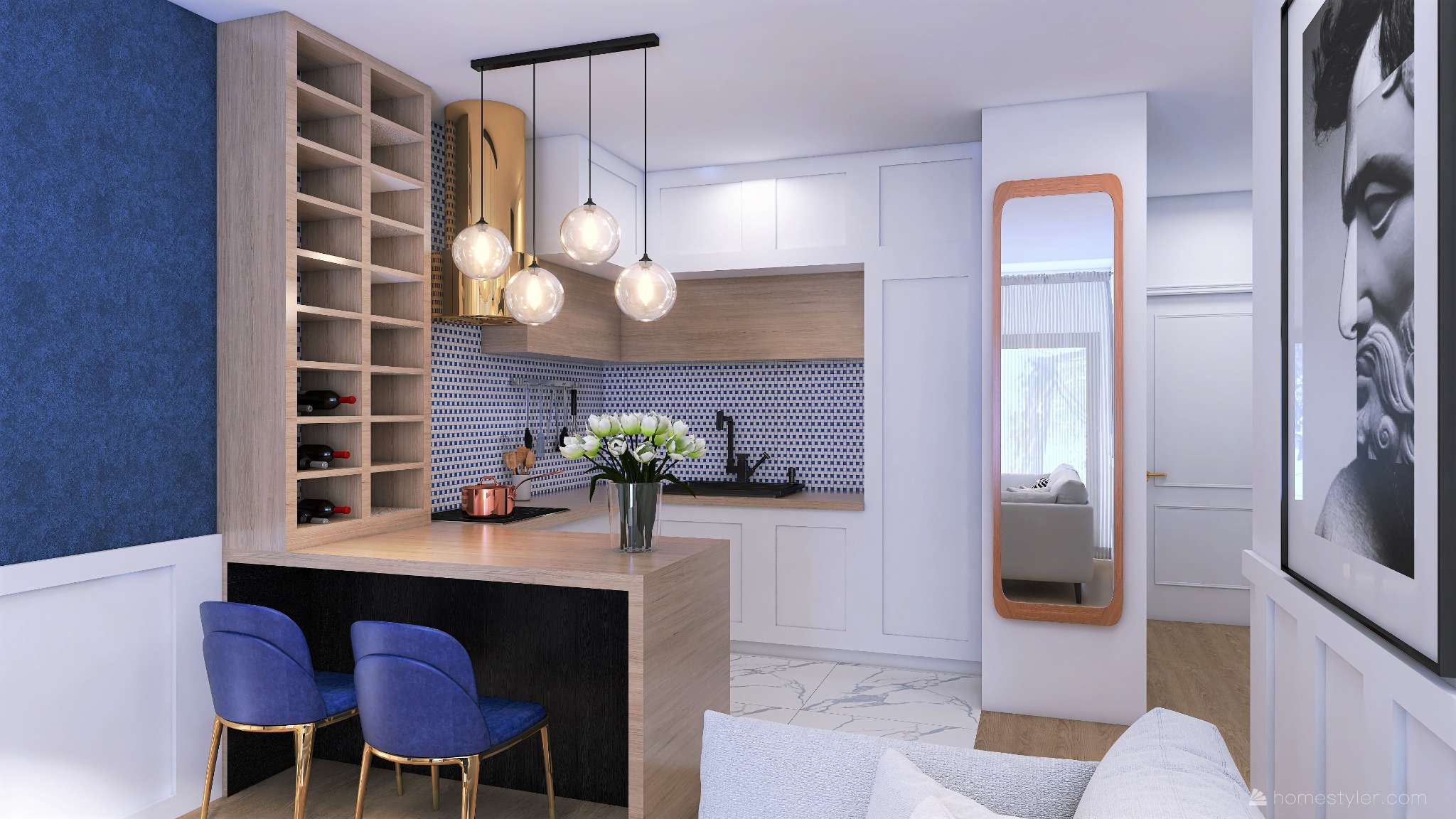 Wizualizacja nowoczesnej kuchni z barkiem, niebieskimi krzesłami barowymi z złotymi nogami, złotym okapem, mozaiką na ścianie, drewnianymi elementami i marmurową podłogą.