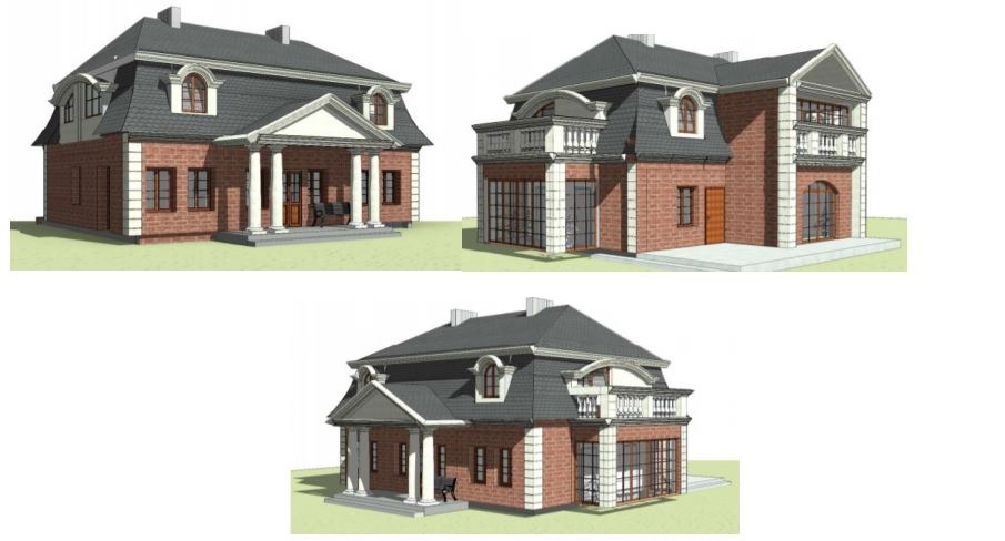 Wizualizacja projektu domu z czerwonej cegły z kolumnami i balkonem, przedstawiona z trzech różnych perspektyw.
