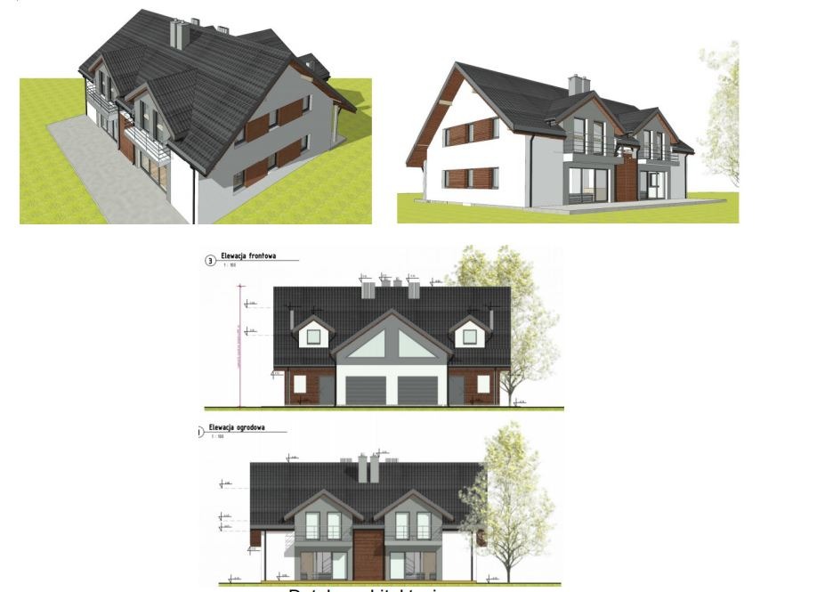 Wizualizacja 3D i rysunki techniczne elewacji dwukondygnacyjnego domu z garażem, prezentujące front i tył budynku.